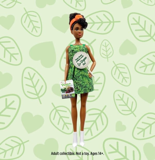 a Barbie mockup by PETA showing the doll dressed as a Lettuce Lady with a free vegan starter kit guide, as inspiration for one of PETA's latest animal rights costumes that can include a matching doll