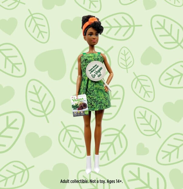 a Barbie mockup by PETA showing the doll dressed as a Lettuce Lady with a free vegan starter kit guide, as inspiration for one of PETA