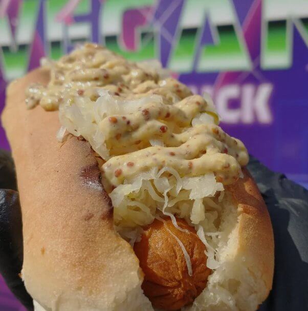 vegan hot dog topped with sauerkraut and grainy mustard