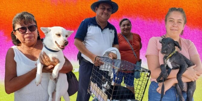 Three groups of people and their animals who went to PETA Latino's spay neuter event