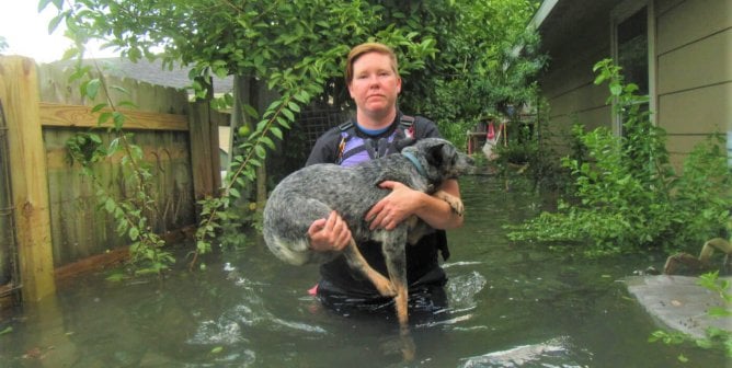 cap team member rescuing dog in flood
