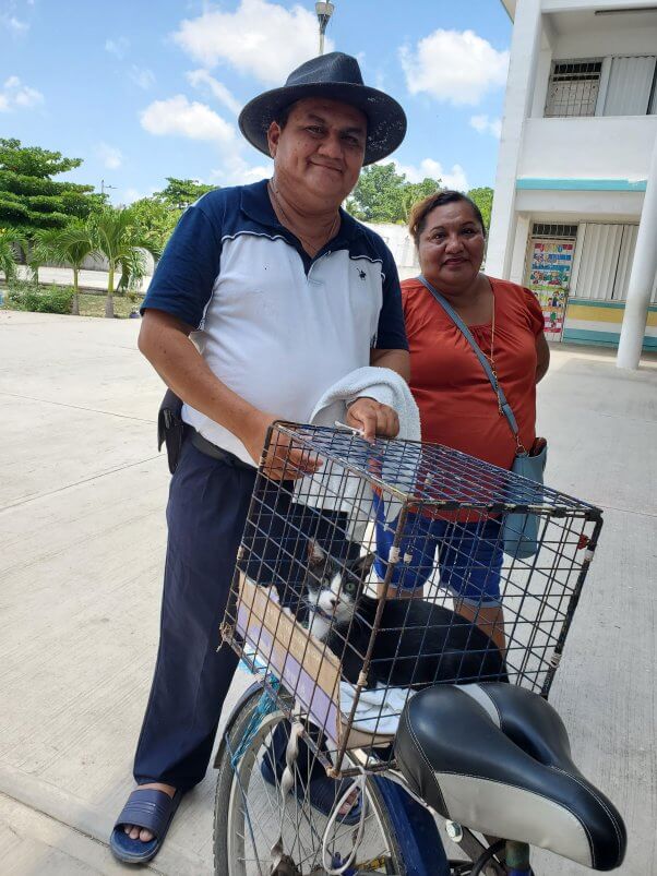 people with cat in cart