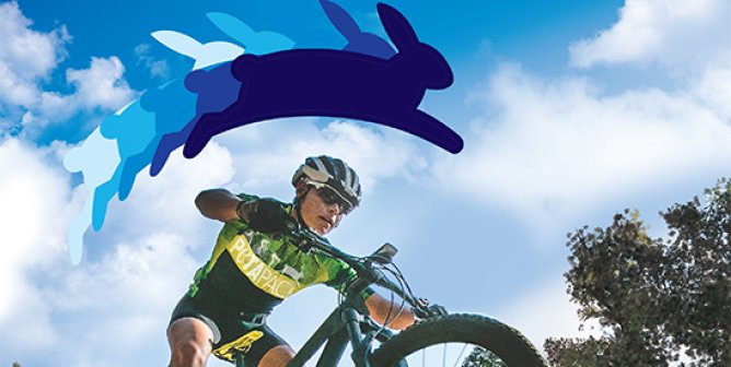 Cover to the Get Active for animals booklet, featuring a cyclist with the PETA rabbit logo superimposed above them