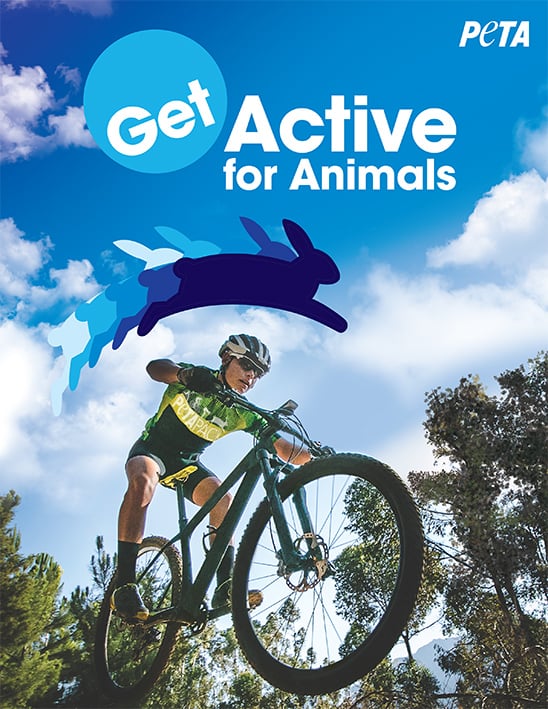 Cover to the Get Active for animals booklet, featuring a cyclist with the PETA rabbit logo superimposed above them