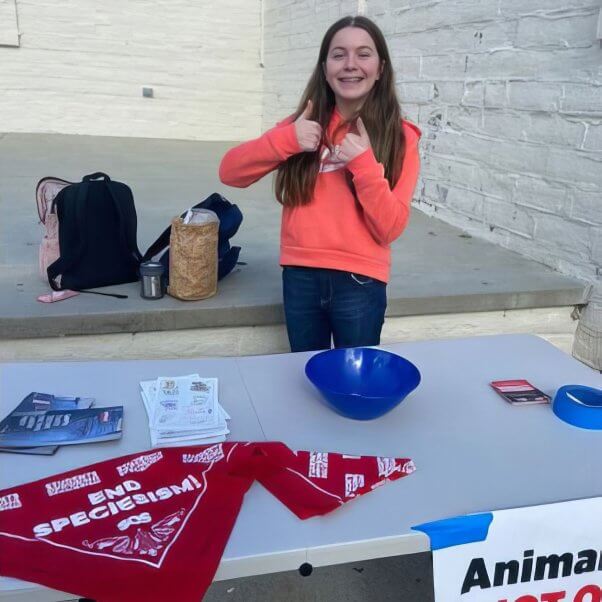Members of PETA’s Students Opposing Speciesism set up a table at their high school to collect leather patches from Levi’s jeans