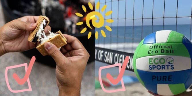 Side by side image of a vegan s'more and a vegan leather volleyball from Ecosports