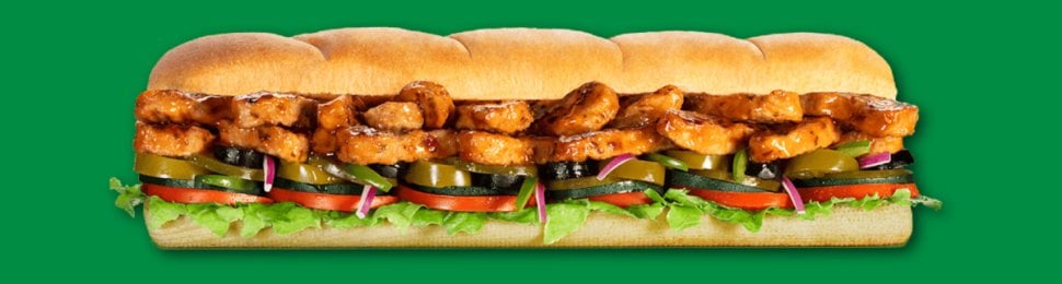 Subway México's vegan Teriyaki Veg sandwich prmotional image on a green background