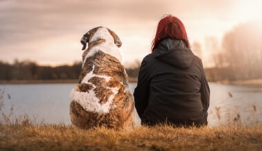 Woman with Dog looking at a lake