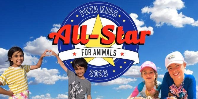 four kids who won in this year's all star for animals contest with the logo behind them