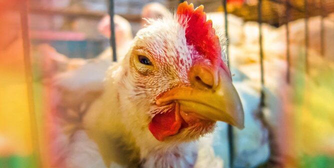 chicken squinting from cage with extra color edges