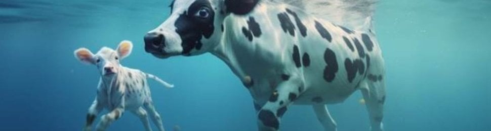 mother cow and her baby swimming in the ocean like whales, to show that cows and whales have this bond in common and to help humans ditch dairy