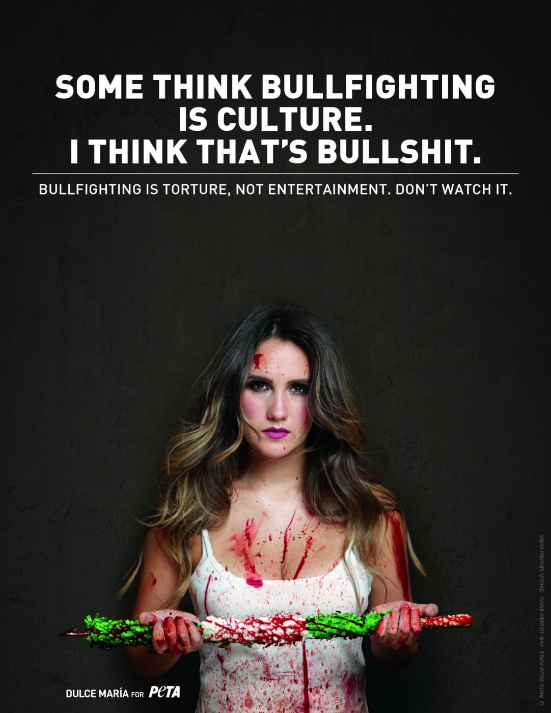 Dulce Maria with PSA text reading some think bullfighting is culture. I think that's bullshit. Bullfighting is torture, not entertainment. Don't watch it