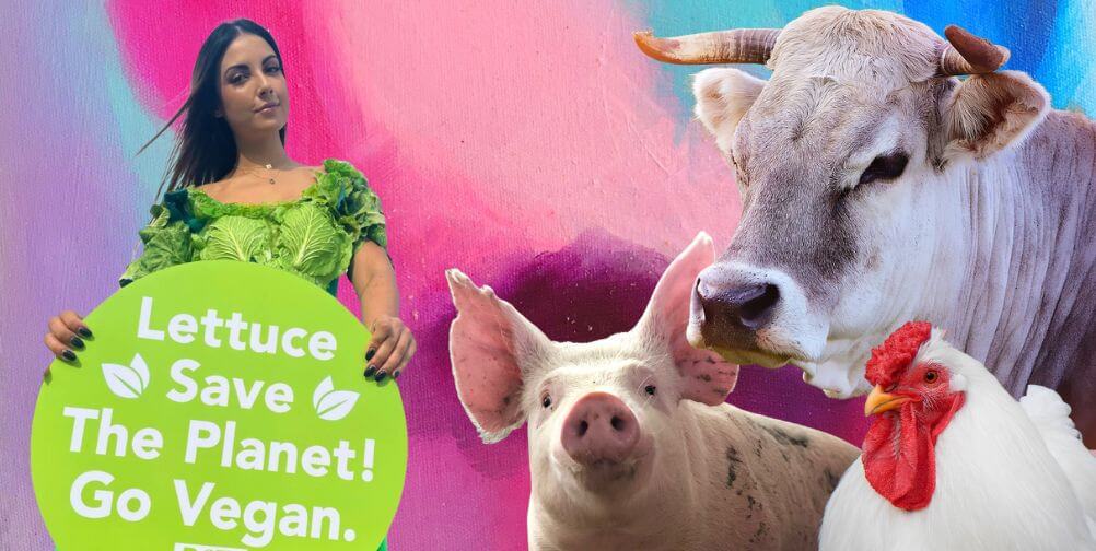 to represent how PETA is urging COP28 to "go all the way" vegan instead of "mostly vegan", this shows one of PETA's Lettuce Ladies holding a sign that reads "Lettuce Save The Planet! Go Vegan", with inset images of a cow, a pig, and a chicken