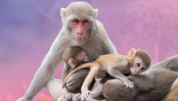 macaques huddled together one looking at camera