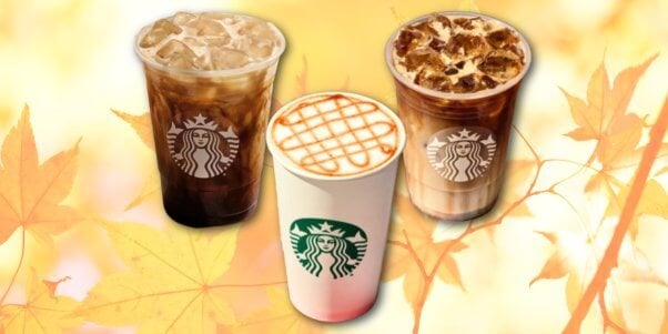 three vegan starbucks drinks on a fall-themed background; the iced apple crisp oatmilk shaken espresso and the hot and iced versions of the apple crisp oatmilk macchiato