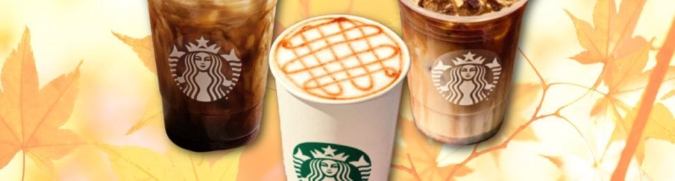 three vegan starbucks drinks on a fall-themed background; the iced apple crisp oatmilk shaken espresso and the hot and iced versions of the apple crisp oatmilk macchiato
