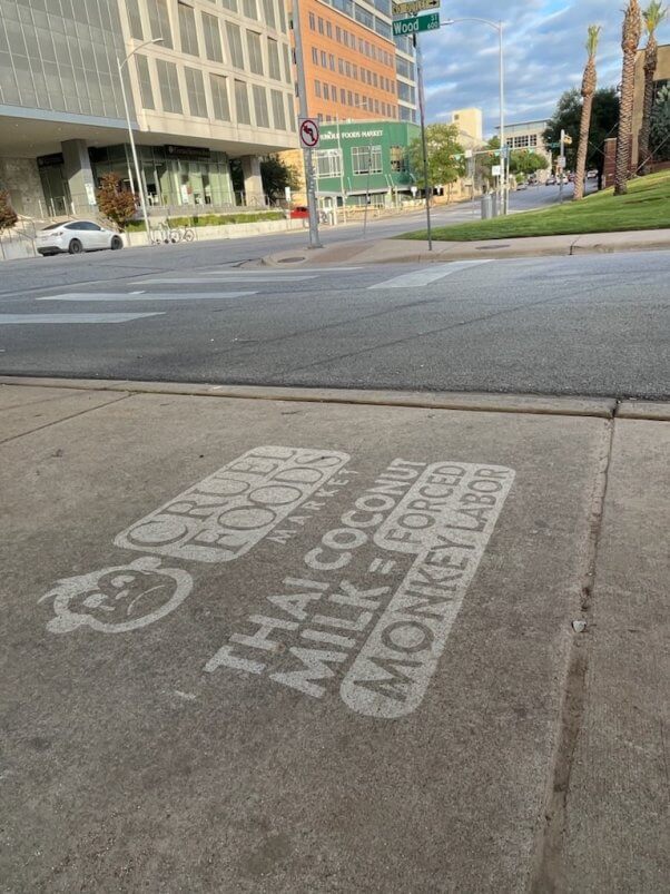 photo of concrete sidewalk pressure washed to read "Cruel Foods Market, Thai Coconut Milk Equals Forced Monkey Labor" with a cartoon graphic of a sad monkey. a whole foods building looms in the background