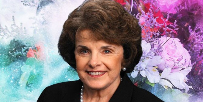 Dianne Feinstein surrounded by teal and purple flowers