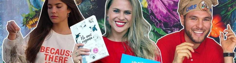 three vegan latino influencers with a background filled with colorful food