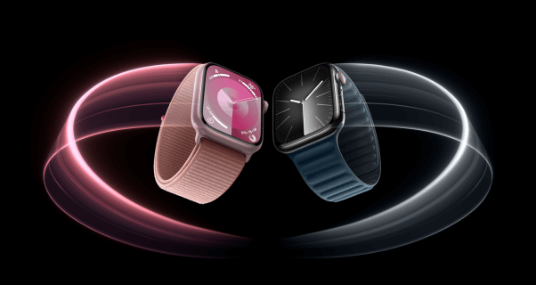 stylized photo of two apple watches with vegan watch bands