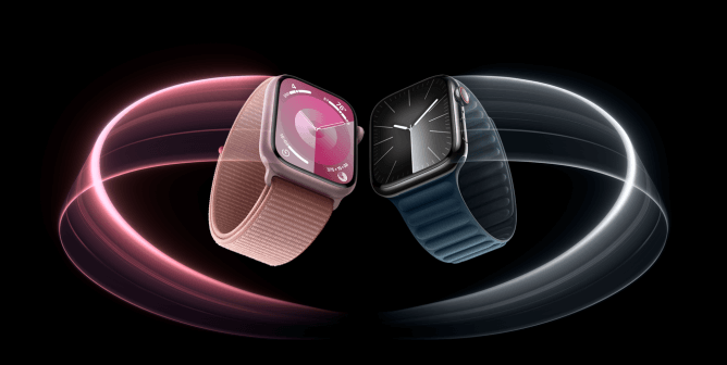 stylized photo of two apple watches with vegan watch bands