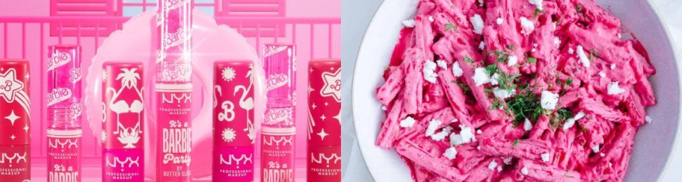 nyx cosmetics barbie makeup in left photo, pink pasta in right photo