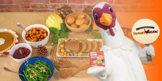 thanskvegan feast with turkey mascot