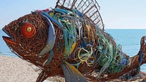 sculpture made of fishing gear collected by humans going 'trash fishing'