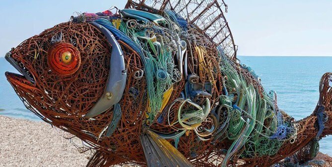 sculpture made of fishing gear collected by humans going 'trash fishing'