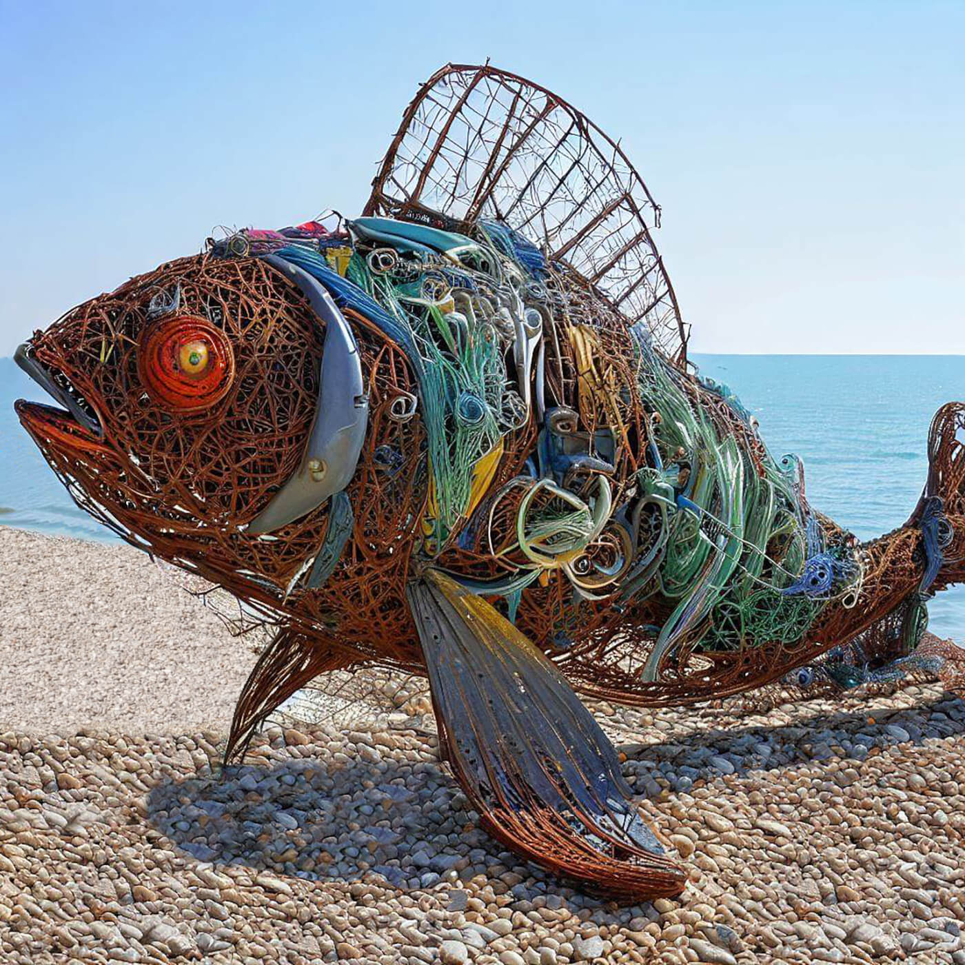 sculpture made of fishing gear collected by humans going