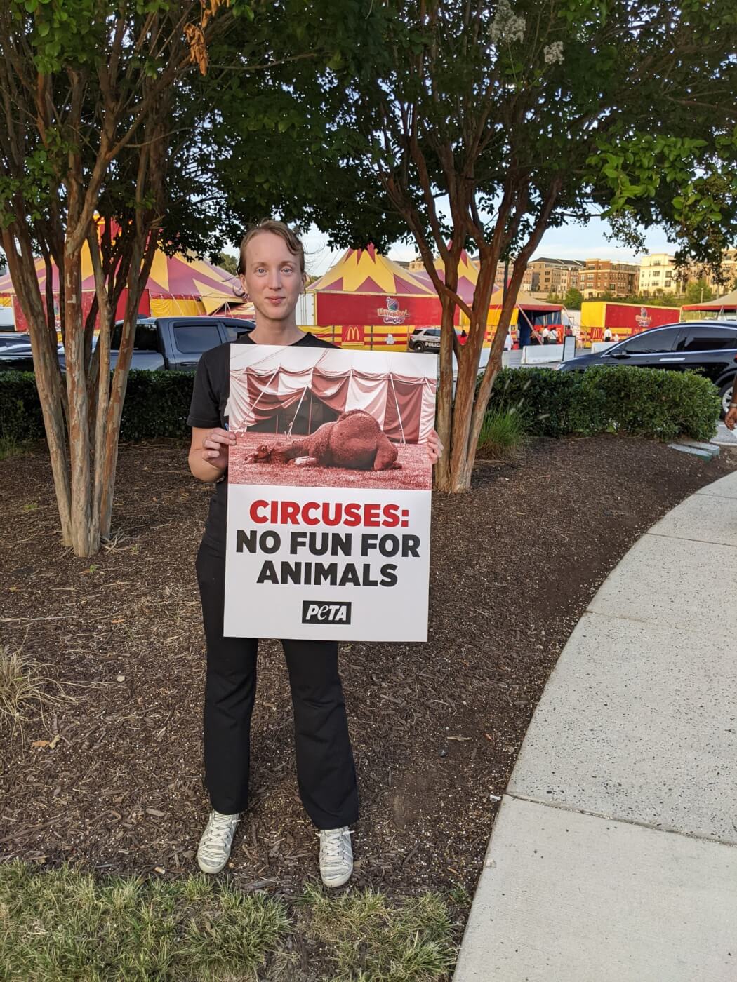 woman holding sign showing a camel on the ground with the words: Circuses: no fun for animals