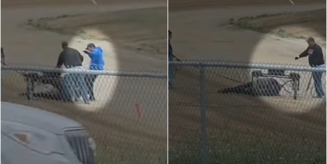 screenshots of equestrian Brevin Lupton taken from a video apparently showing the abuse of a downed horse on an Ohio race track