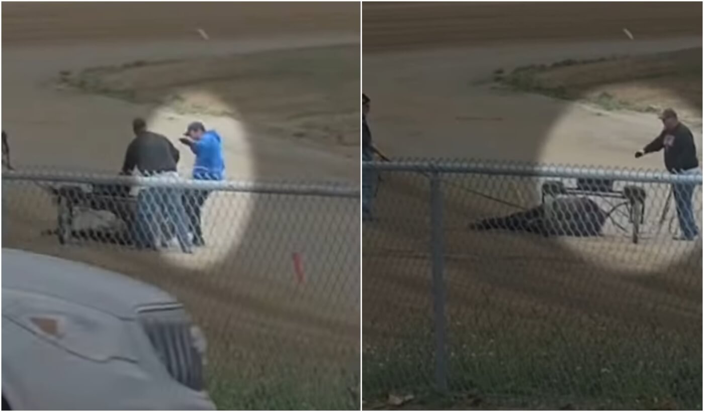 screenshots of equestrian Brevin Lupton taken from a video apparently showing the abuse of a downed horse on an Ohio race track