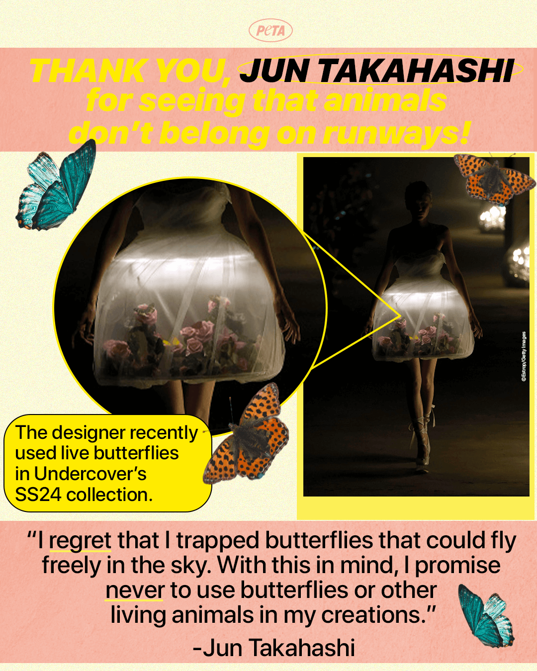 model wearing jun Takahashi terrarium dress with live butterflies inside on a runway