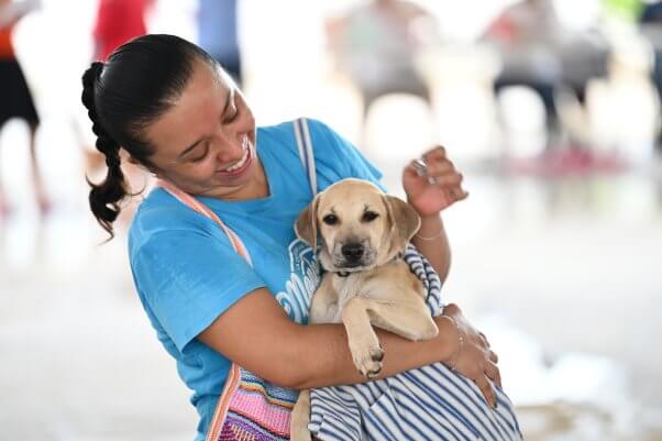 a dog who received a free spay/neuter surgery is photographed with their guardian