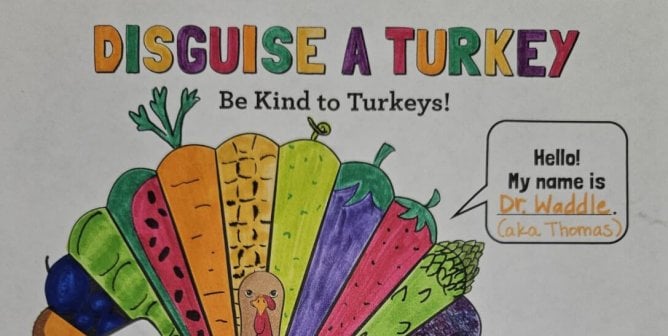 TeachKind Disguise a Turkey Thanksgiving worksheet completed
