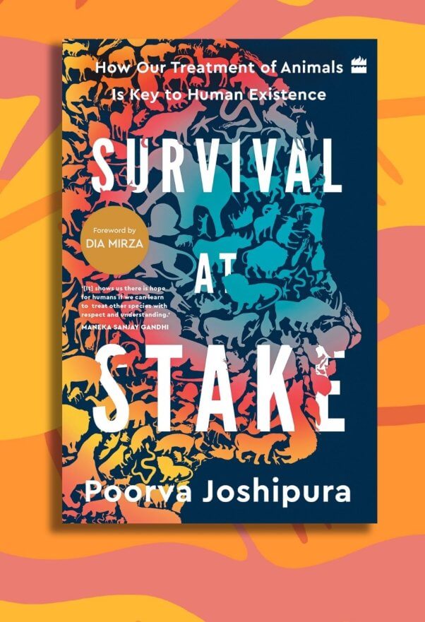 Vertical Survival at Stake book cover on orange and pink botanical background