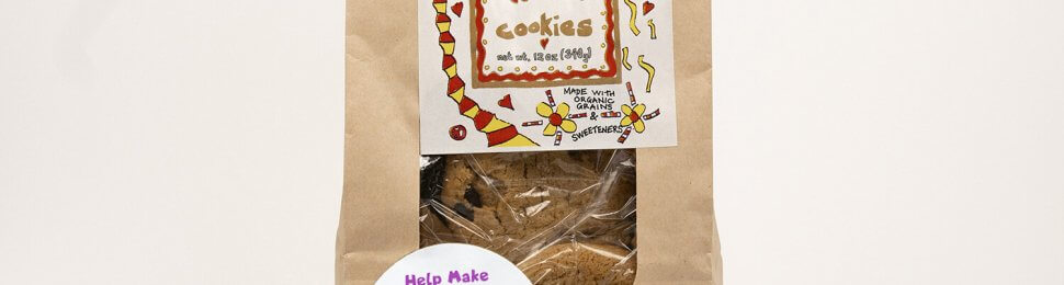 Single bag of Uncle Eddies cookies with PETA's cookies for causes sticker