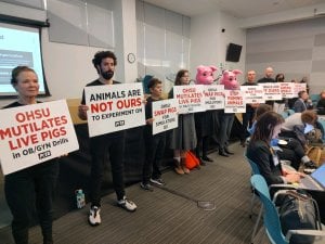 Photo of demonstrators holding signs and wearing pig masks