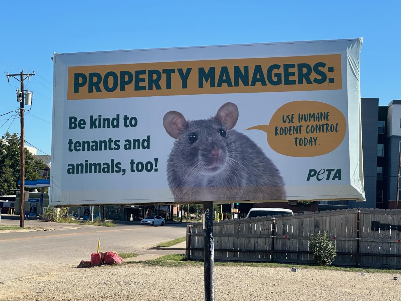 Photo of humane rodent control billboard with text reading property managers be kind to tenants and animals too, use humane rodent control today