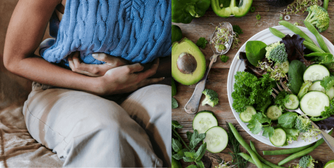 (left) woman grabs at her aching stomach, (right) plate of greens including avocado, cucumber, broccoli, and other leafy greens