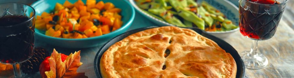 vegan thanksgiving food like squash, pie, and snap peas