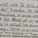 Handwritten note reading: I would like to extend our heartfelt thanks to PETA for providing a much needed service for those of us that are not able to afford the rising cost of euthanasia. PETA is an essential piece of the puzzle— thank you.