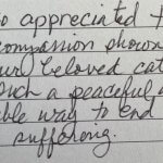 Handwritten note reading: We so appreciated the care and compassion shown to us and our beloved cat. It was such a peaceful and affordable way to end our pet's suffering.