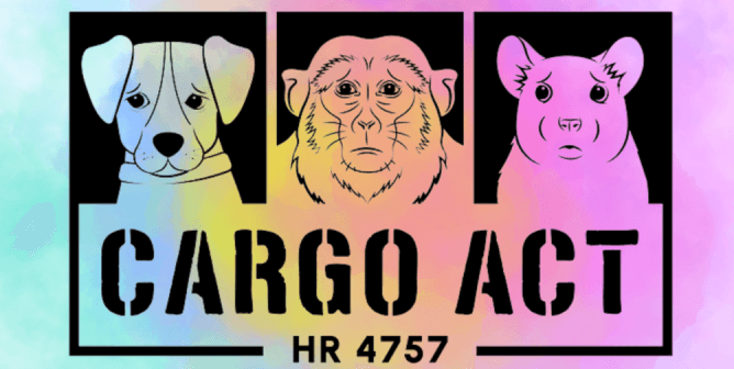 a logo for the CARGO act showing a sad dog, monkey, rat in boxes
