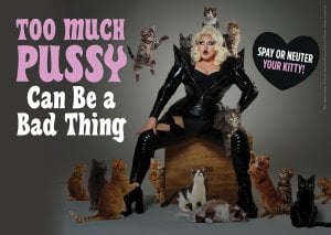 Victoria Scone surrounded by cats next to text "too much pussy can be a bad thing"
