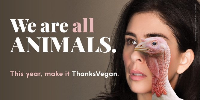 Sarah Silverman with turkey next to text that says "We Are All animals"