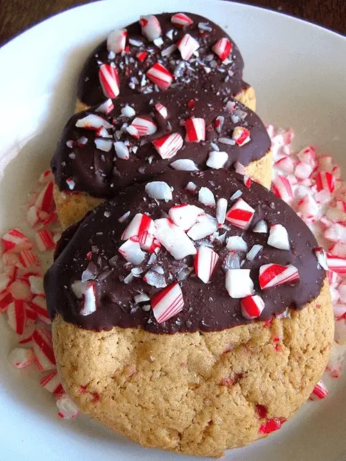 Cookies dipped in chocolate with crushed peppermint candy