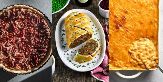 three vegan holiday recipes; on the left is a pecan pie, middle is a vegan wellington, and the right is a casserole dish filled with vegan mac and cheese