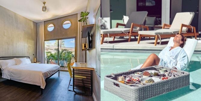 on the left, a photo of a hotel room from a vegan hotel, and on the right, a photo of a woman in a robe on a floating chair in a pool, with a floating tray of vegan brunch items